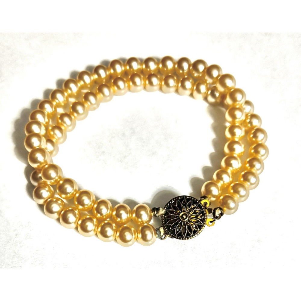 Vintage 2 strand Gold over Sterling Faux Pearl Bracelet Stamped‎ Sterling